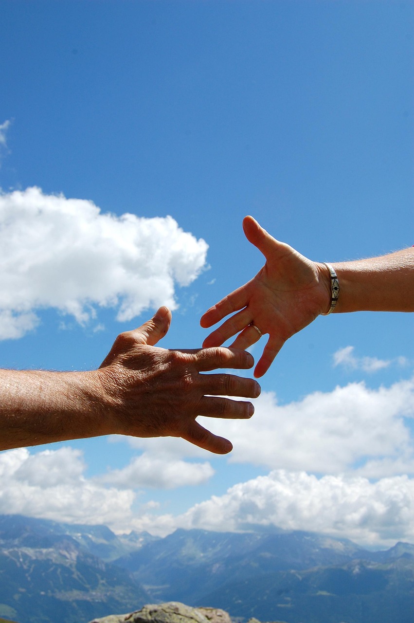 solidarity, sky, blue sky, hand shake, nature, man woman, clouds, blue, optimism